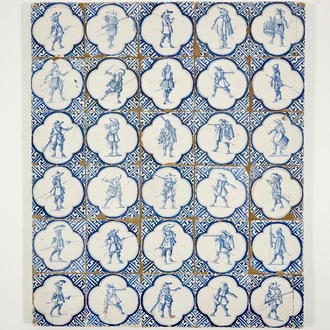 A field of 30 Dutch Delft blue and white soldier tiles, 17th C.